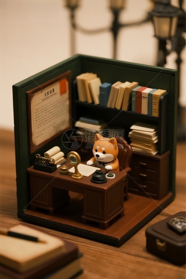 微型书房场景小熊玩偶在书桌前图片
