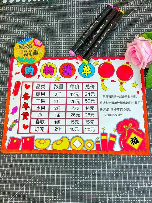 年货购物清单数学手抄报有线稿可打印