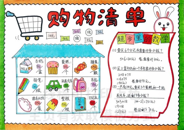 2545数学购物清单数学购物清单手抄报电子小报线稿可打印抖音