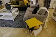 现代客厅内饰。家庭内部。沙发、枕头、家具、窗户、窗帘、枕头、桌子、地毯