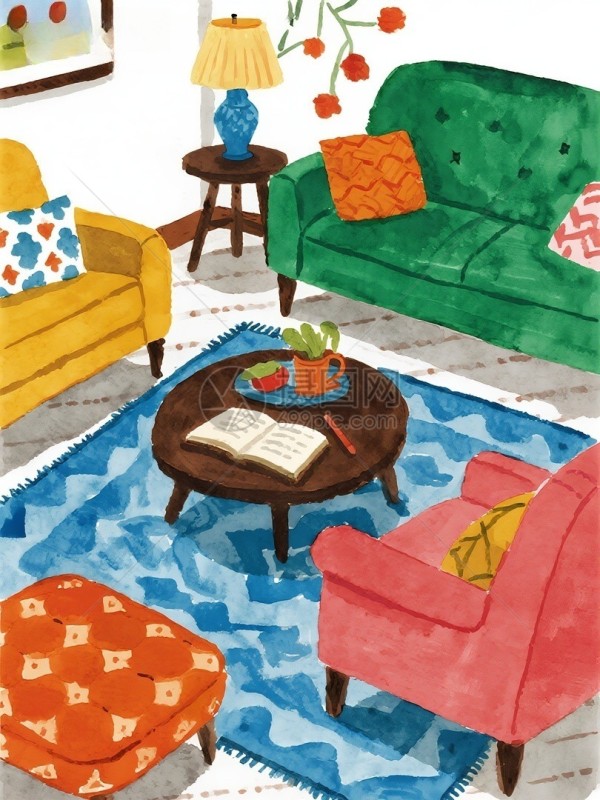 色彩丰富室内客厅插画多种家具图片