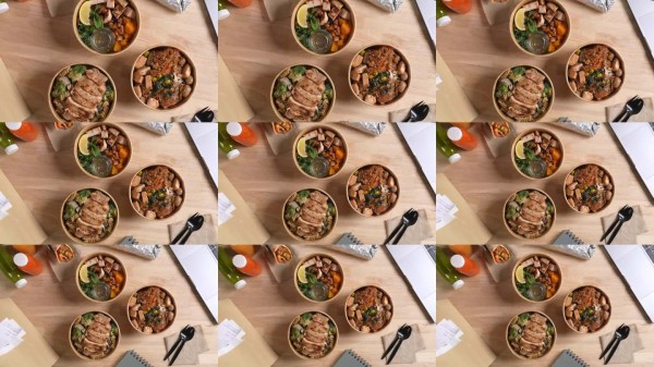 在办公室享用美味的健康外卖午餐,健康饮食理念。