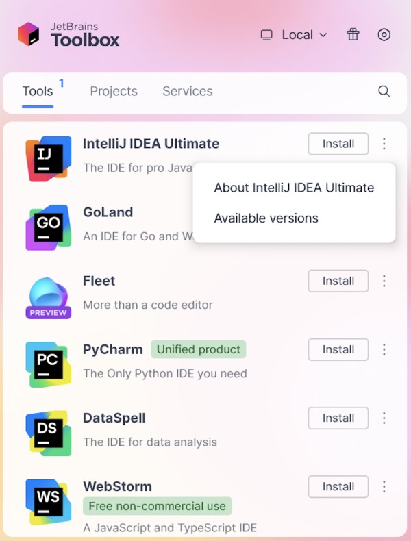 Toolbox App 中的 PyCharm