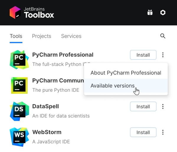 Toolbox App 中的 PyCharm