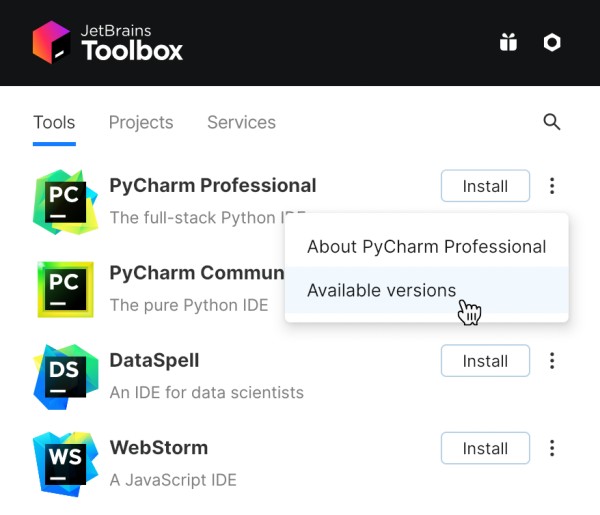 Toolbox App 中的 PyCharm