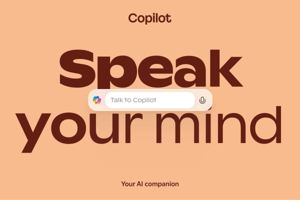 Orange "Speak your mind" banner with Copilot message box in the center