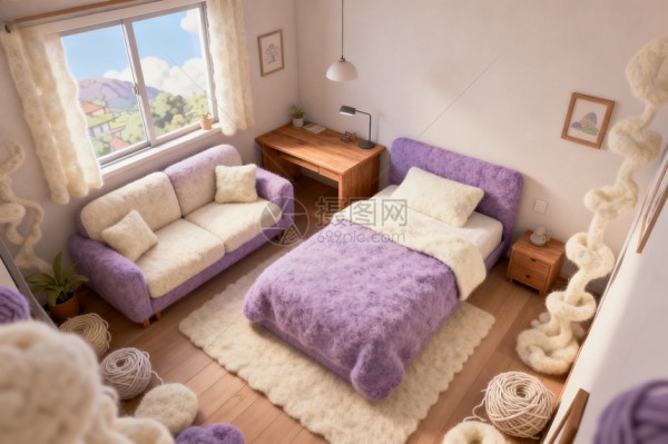 紫色床铺木质家具温馨卧室图片