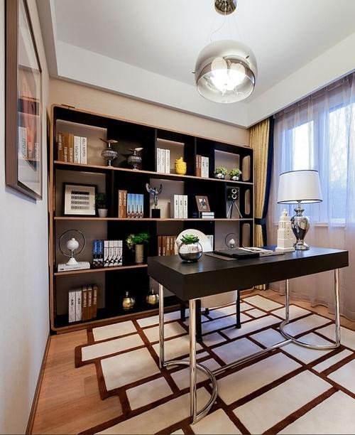 现代简约书房书架地毯室内装修效果图