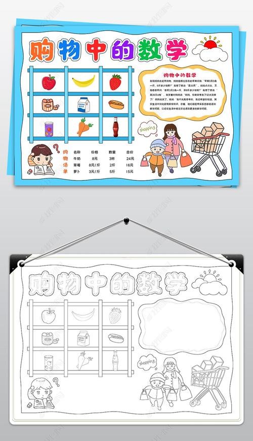 原创卡通购物中的数学手抄报数学小报线描模板版权可商用