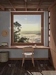 阅读桌旁的窗户在早上3d渲染