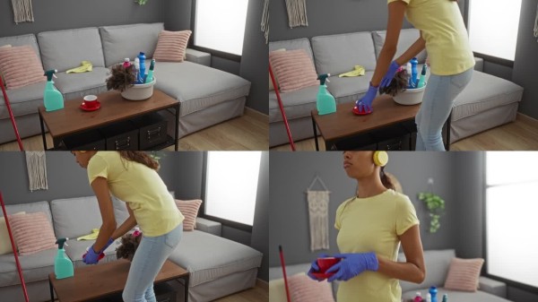 年轻女性戴着手套和耳机，正在用桌子上的各种清洁用品打扫客厅。