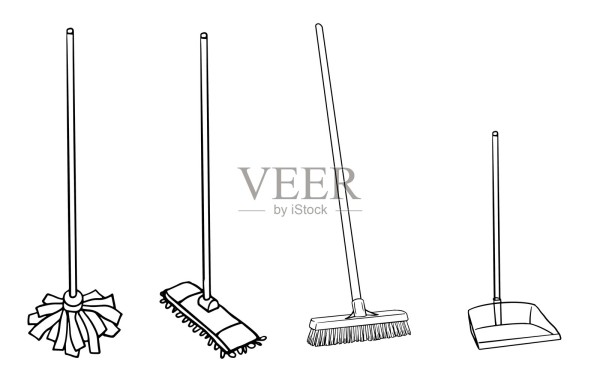 春季清洁工具套装。不同的长柄拖把和簸箕。清洁工具，线性矢量插图。用于清洁、家居护理的横幅、海报和广告。插画图片素材