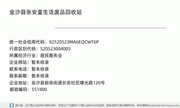 金沙县张安富生活废品回收站详情信息电子名片
