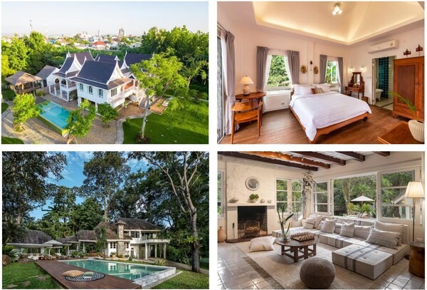 上方两图为湄平河畔的华丽泰式雅居，下方两图为隐秘深山的欧式风情别墅