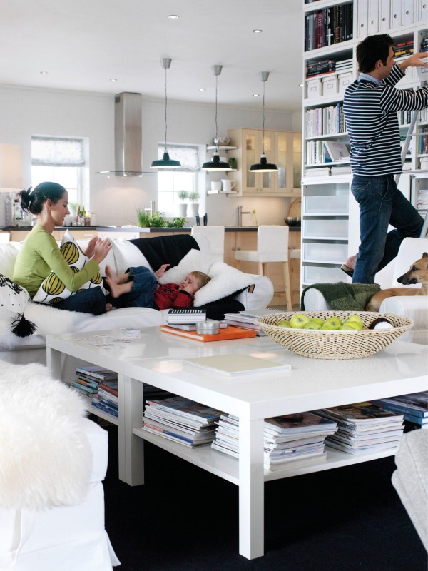 一家人和宠物狗共同在宽敞明亮的开放式家庭娱乐室中活动。屋内家具或采用轻质木材，或为白色。