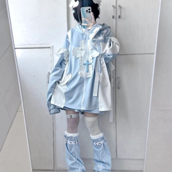 设计感立领宽松拼接水色外套日系