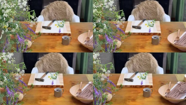 舒适的植物艺术布置，搭配野花、羊皮纸和锤子 – 温暖乡村风格室内的DIY花卉印刷过程，自然材料的平铺