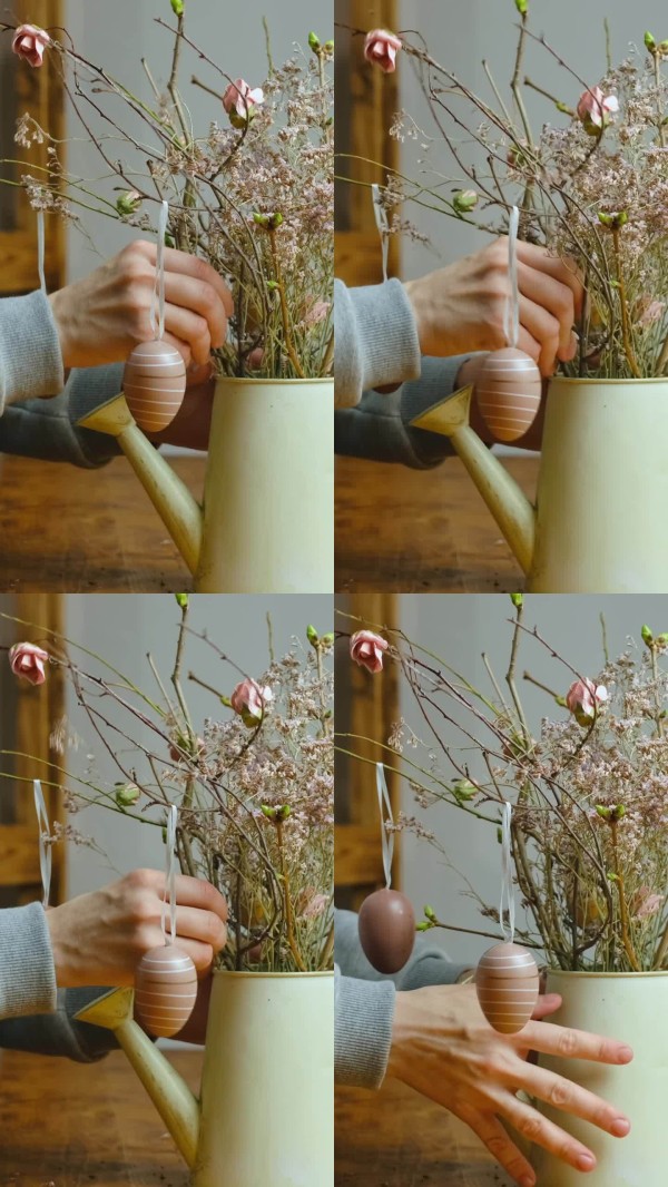 垂直视频。DIY复活节家居装饰。手工制作复活节插花。