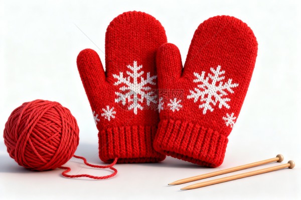 冬季红色针织手套与毛线球图片