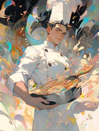 二次元唯美穿着白色围裙,拿着卷轴的厨师人像插画