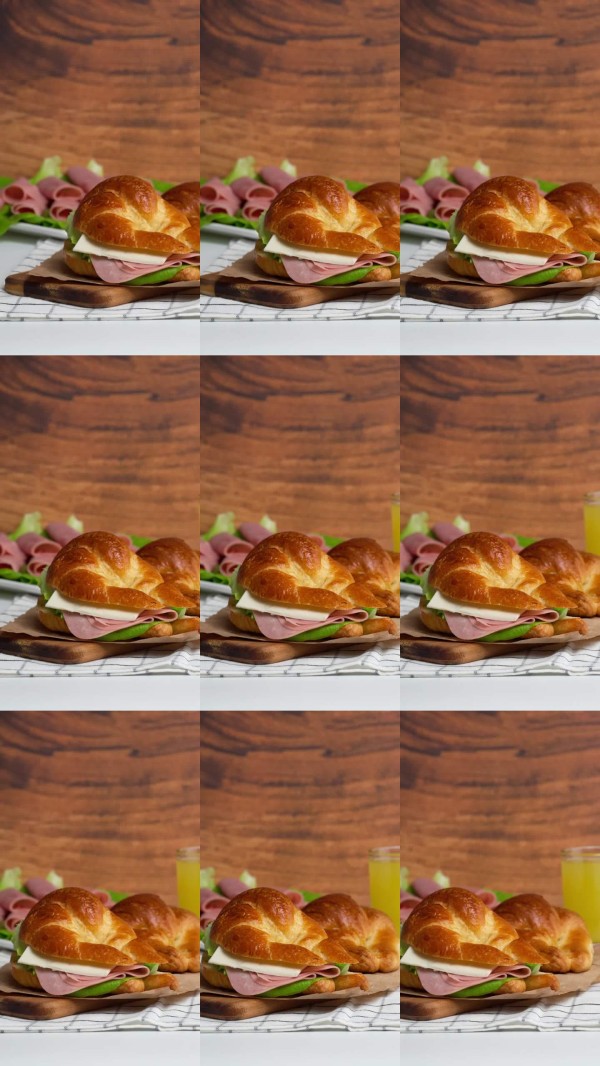 垂直食品视频，自制可颂三明治火腿，健康生活方式和健康饮食。