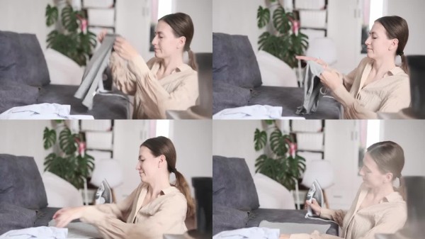 女人在明亮的家居环境中熨烫衣物，日常生活，家务琐事，家庭日常。