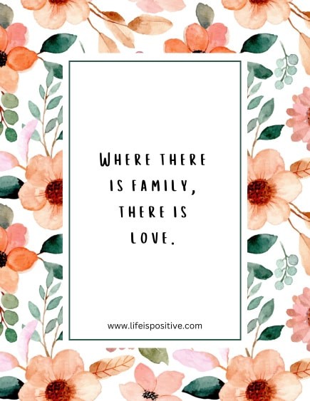 一个白色矩形文本框，中间是一张图片，图片上有花卉边框，上面画着粉色、橙色和桃红色的水彩花朵和绿叶。框内有一句话：“哪里有家人，哪里就有爱。”框底部显示网站“www.lifeispositive.com”。