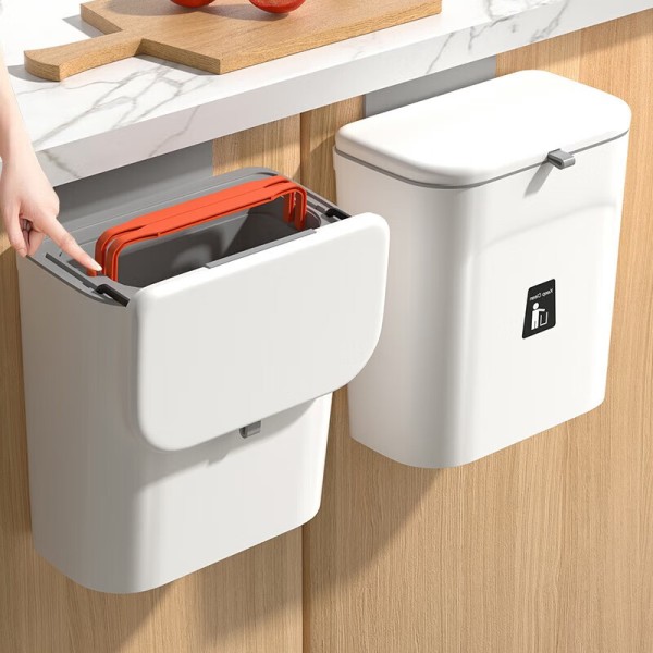 飞达三和厨房垃圾桶带盖大号家用橱柜壁挂式滑盖多功能一键打包厨余垃圾桶 9L 月光白【内外双桶/自动收口】