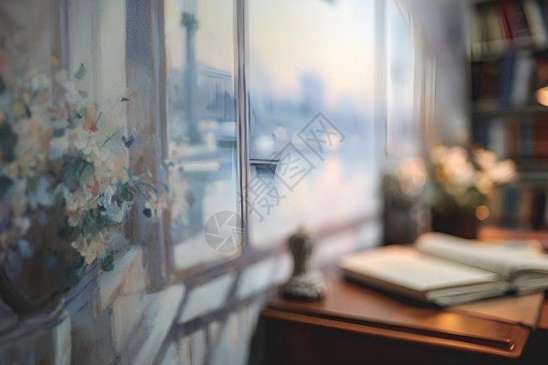 卡通书房挂画书桌上的书籍背景