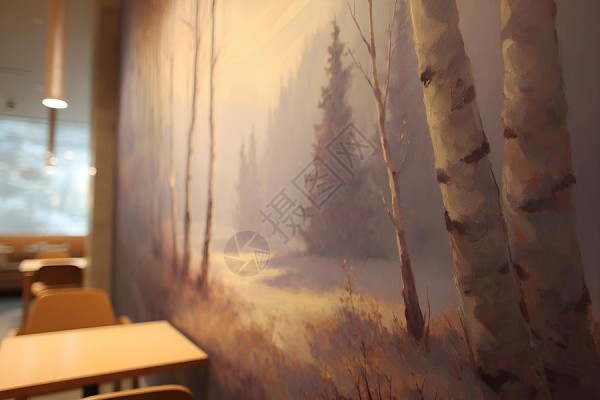卡通书房挂画房间里的树林壁画背景