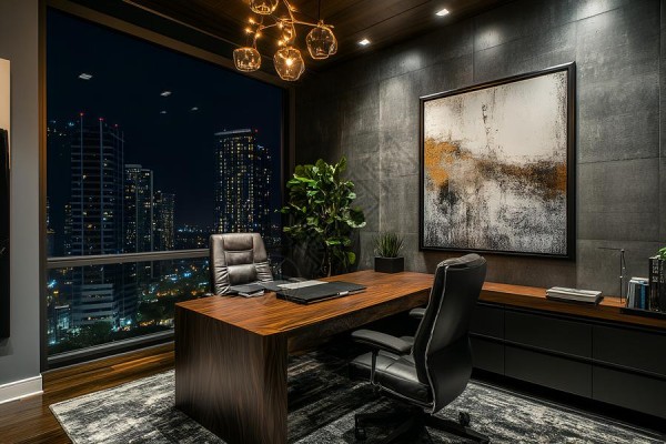 卡通书房挂画吊灯下的书桌背景