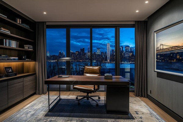 卡通书房挂画落地窗前的书桌背景