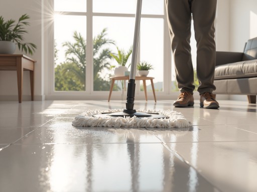 家庭清洁服务场景，专业家政人员正在为客户进行深度清洁，明亮自然光