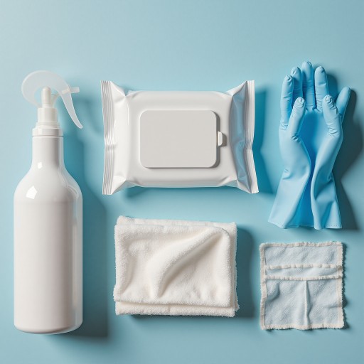 三十五岁左右女性家政人员头像,穿白色工作服,蓝色背景