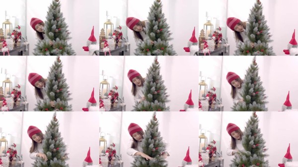 女商人们在办公室装饰和准备圣诞树。圣诞节庆祝和节日生活方式。