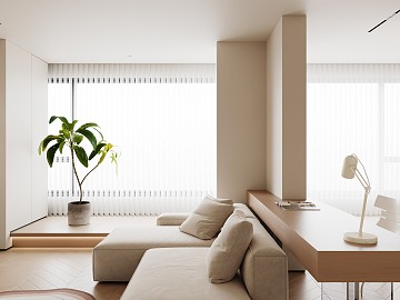 现代简约风客厅，绿植与灯光营造温馨氛围