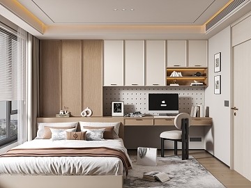现代简约卧室，集睡眠与工作区一体