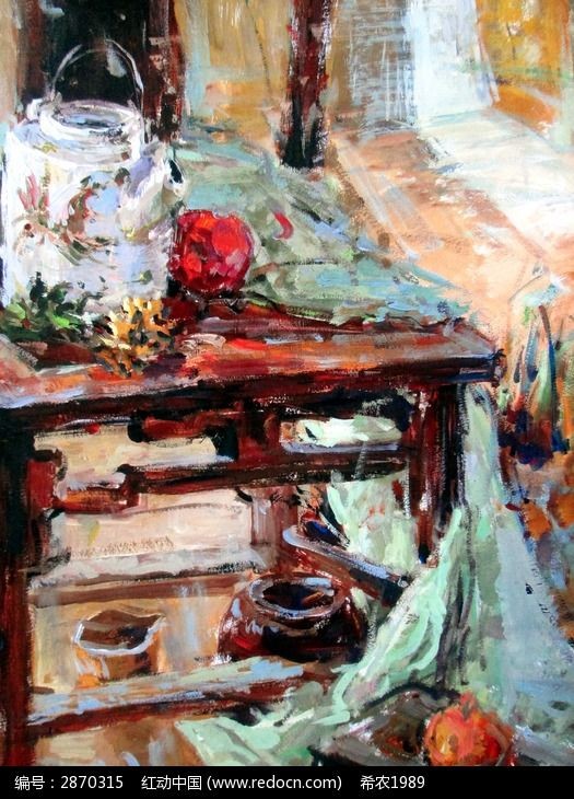 水粉画旧桌子上的白色水壶图片