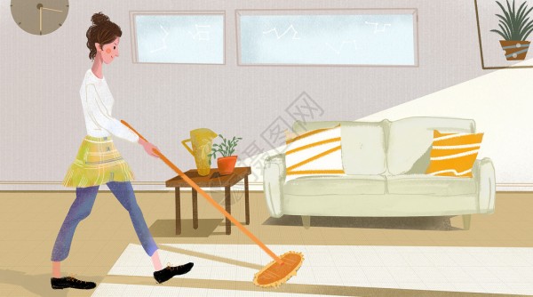 劳动节都市生活女人打扫房间高清图片