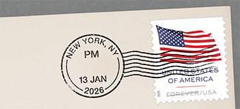 An envelope showing a U.S. Flag Forever stamp that has been cancelled with a postmark for January 13, 2026, in New York, NY.