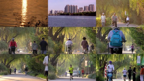 晨光中的城市慢生活市民晨练骑行锻炼