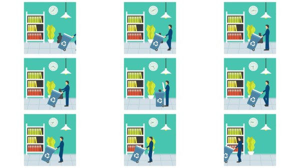 人物将垃圾丢入回收箱的动画,整理和清洁工作场所的动画视频,室内清洁服务片段,办公室看护人员的镜头,维