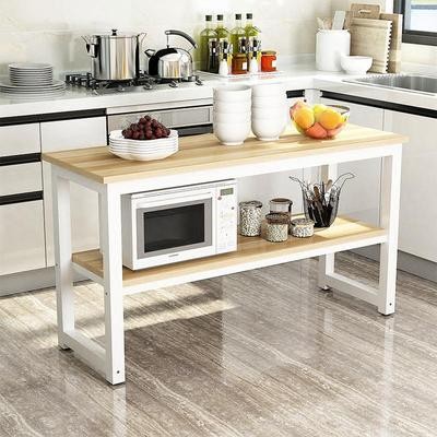 家用厨房切菜钢木桌双层CIAA作料理台三层微波炉收纳置物架长条餐桌 