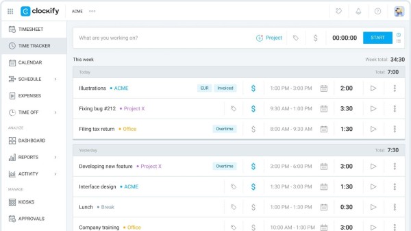 Clockify's time tracker and project timesheet