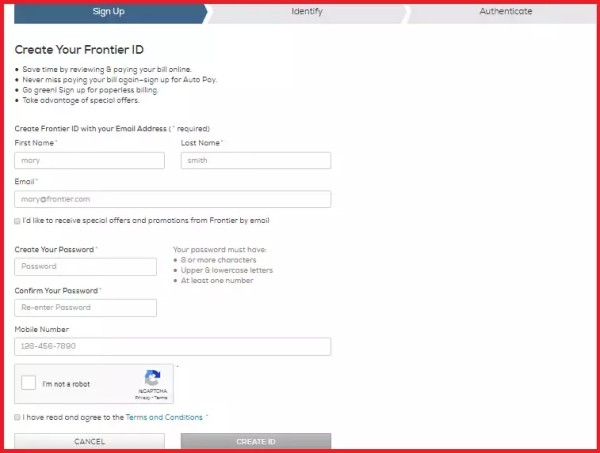 Email verification step in Frontier mail account registration process