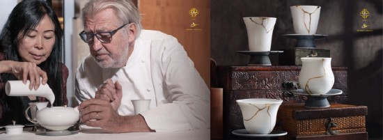 　　左图：茶艺大师曾毓慧向米其林三星主厨Pierre Gagnaire展示香氲系列 “银狐（Silver Fox）” 专利茶壶，壶身带有冷热水位标记；右图：香氲系列·金继白茶杯，其造型专为品鉴不同茶汤而设计