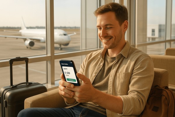 一位快乐的旅行者在登机前,正在机场的智能手机上使用 Yoho Mobile eSIM。